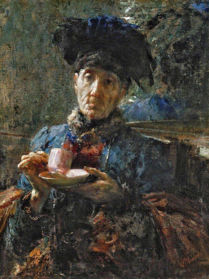 Old Woman Drinking Tea By Antonio Mancini Fine Art Print