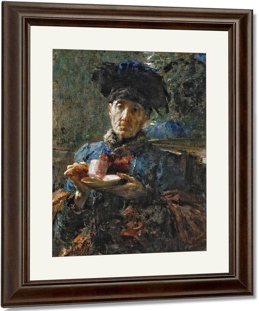 Old Woman Drinking Tea By Antonio Mancini Fine Art Print