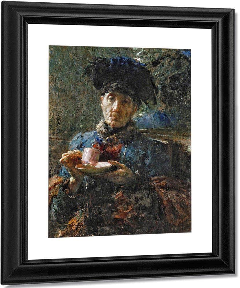 Old Woman Drinking Tea By Antonio Mancini Fine Art Print