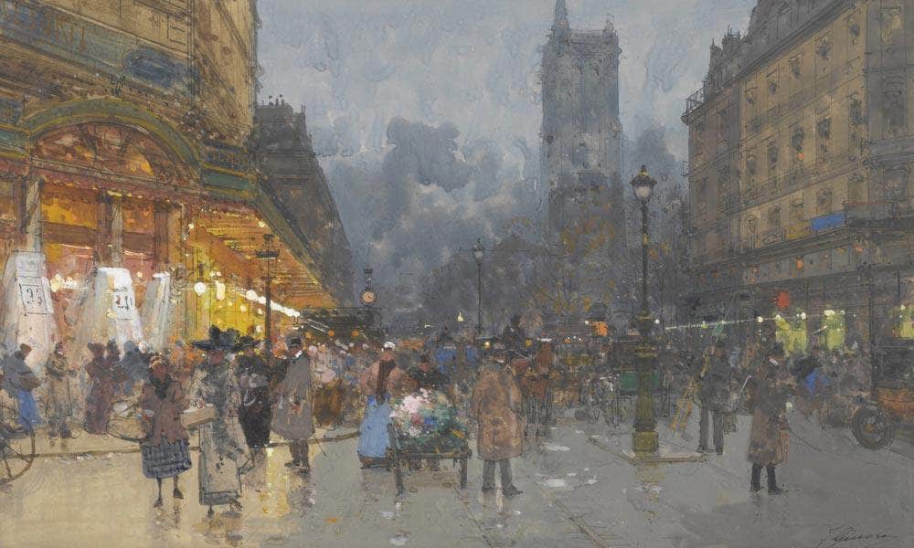 Paris Rue De Rivoli Avec La Tour Saint Jacques By Eugene Galien Laloue Fine Art Print