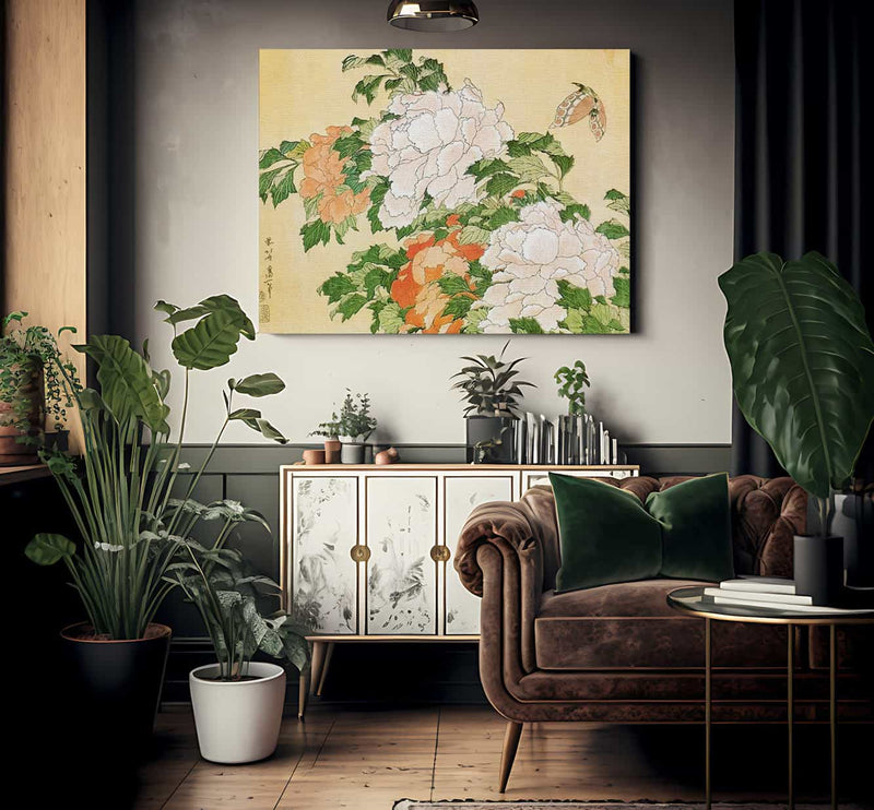 Peonies And Butterfly By Hokusai Fine Art Print
