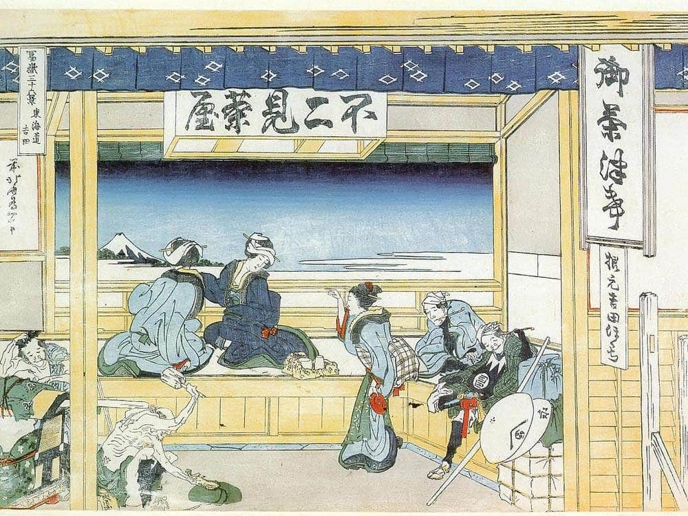 People Admiring Mount Fuji From A Tea House At Yoshida By Hokusai Fine Art Print