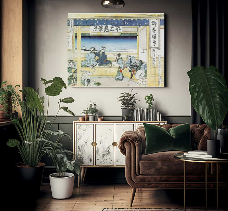 People Admiring Mount Fuji From A Tea House At Yoshida By Hokusai Fine Art Print