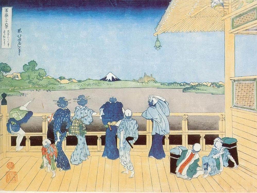 People On The Balcony Of The Temple Of Gohyakurakan By Hokusai Fine Art Print