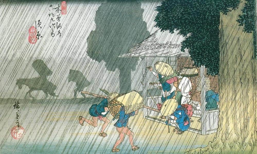 People Seeking Shelter From The Rain  By Hiroshige Fine Art Print