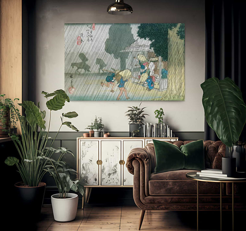 People Seeking Shelter From The Rain  By Hiroshige Fine Art Print