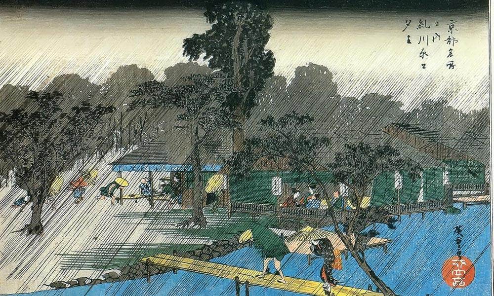 People Swheltering From The Rain By Hiroshige Fine Art Print