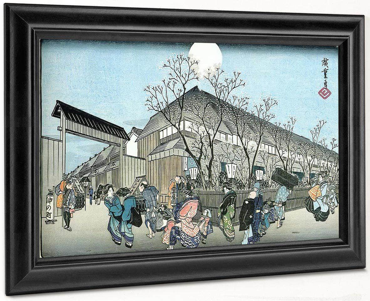 People Walking Under Cherry Trees At Night By Hiroshige Fine Art Print