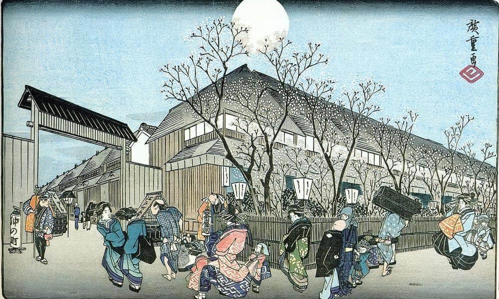 People Walking Under Cherry Trees At Night By Hiroshige Fine Art Print