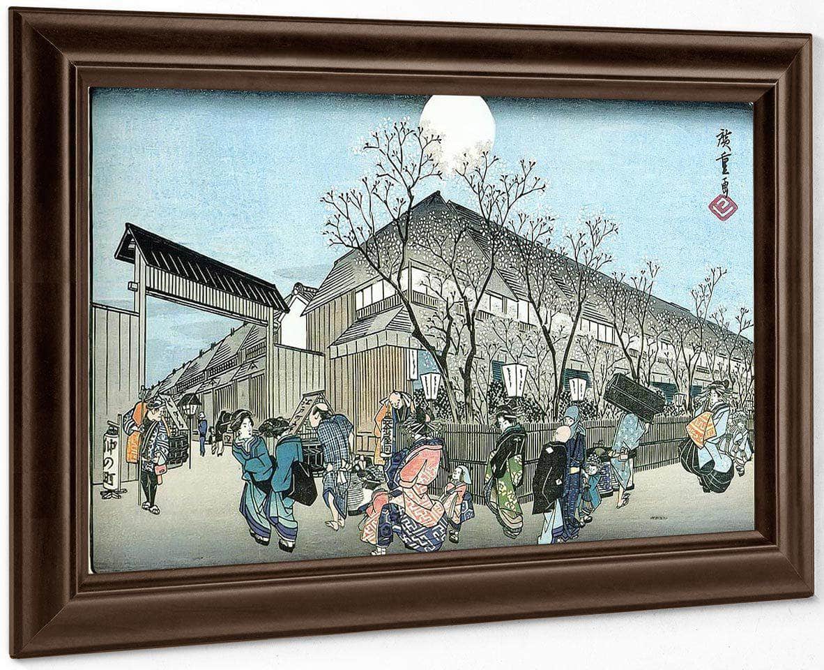 People Walking Under Cherry Trees At Night By Hiroshige Fine Art Print