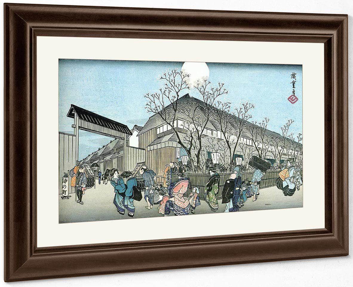 People Walking Under Cherry Trees At Night By Hiroshige Fine Art Print