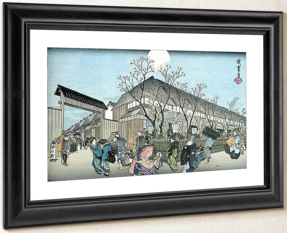 People Walking Under Cherry Trees At Night By Hiroshige Fine Art Print