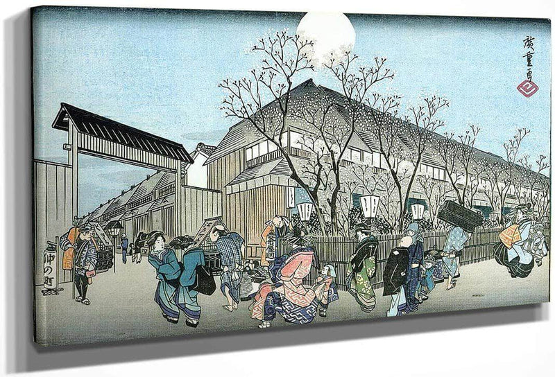 People Walking Under Cherry Trees At Night By Hiroshige Fine Art Print