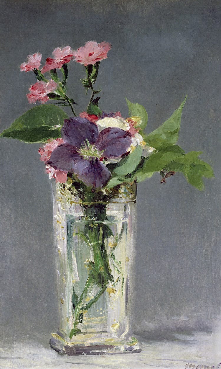 Pinks And Clematis In A Crystal Vase By Edouard Manet Fine Art Print