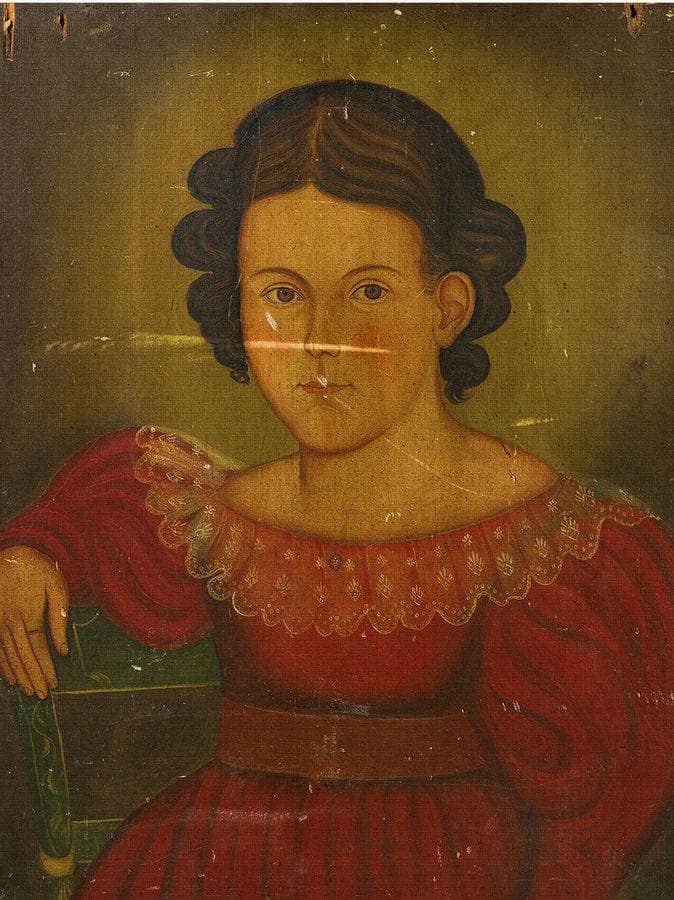 Portrait Of A Charming Young Girl In A Red Dress With Flounced Collar And Jeweled Pin By John Trumbull Fine Art Print