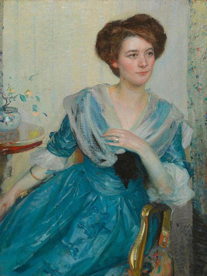 Portrait Of A Woman In A Blue Dress By Richard Edward Miller Fine Art Print