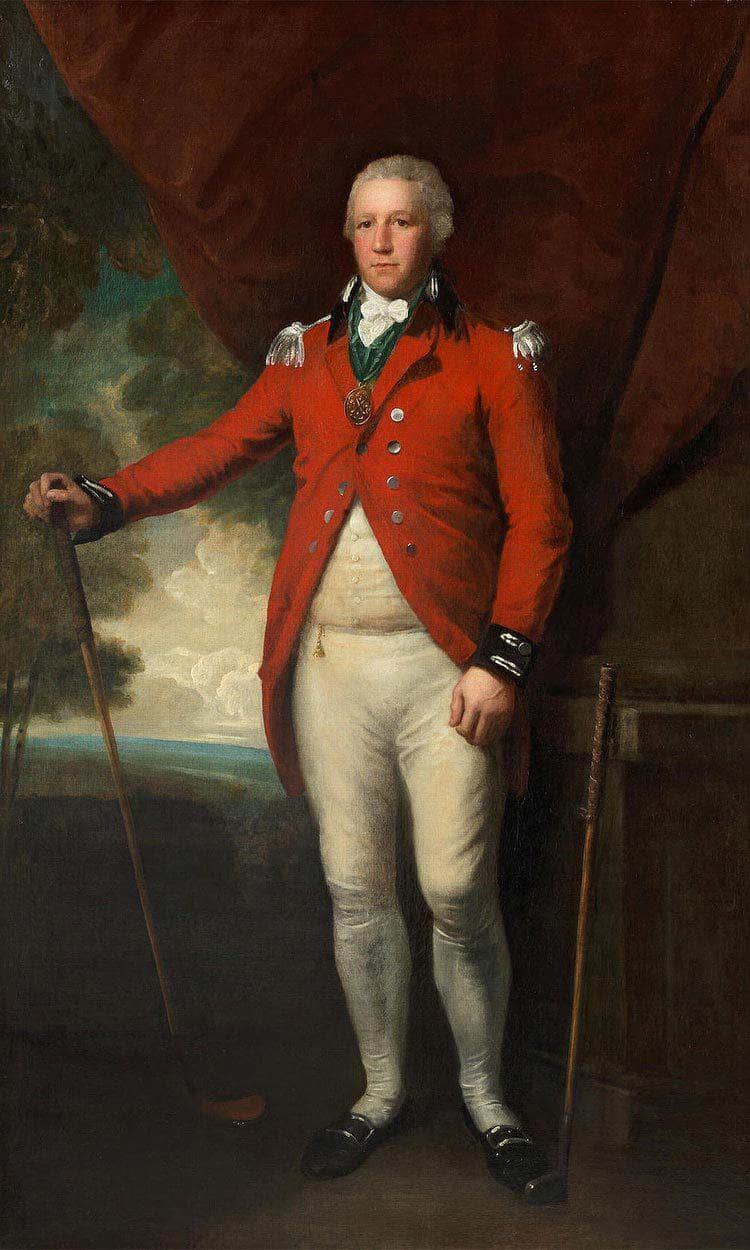 Portrait Of Henry Callender Standing Full Length In A Landscape In The Attire Of Captain General Of The Blackheath Golf Club, Holding A Wooden Headed Spoon With A Metal Headed Blade Putter By His Side By William Henry Walker Fine Art Print