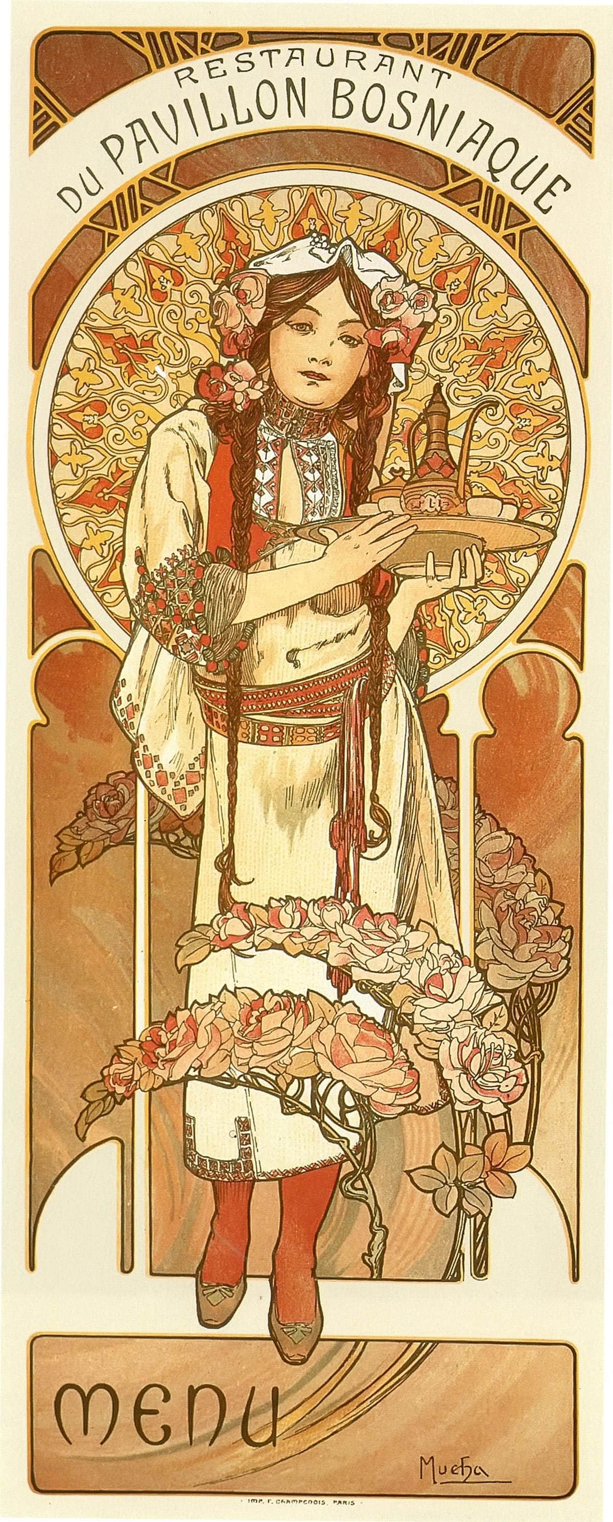 Restaurant Du Pavillion Bosniaque Menu by Alphonse Mucha Fine Art Print. Fine Art Print