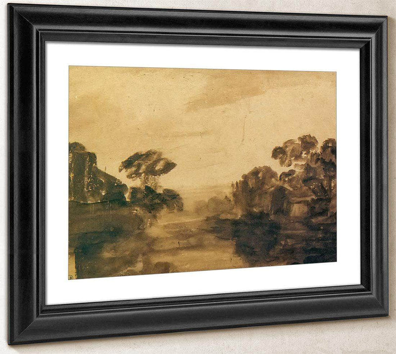 River With Trees On Its Embankment At Dusk, By Rembrandt Fine Art Print