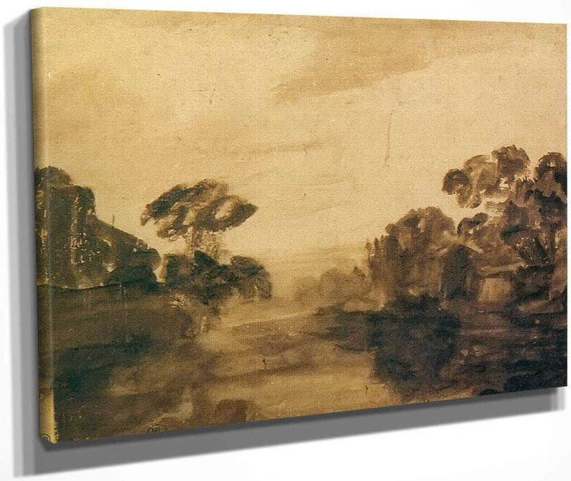 River With Trees On Its Embankment At Dusk, By Rembrandt Fine Art Print