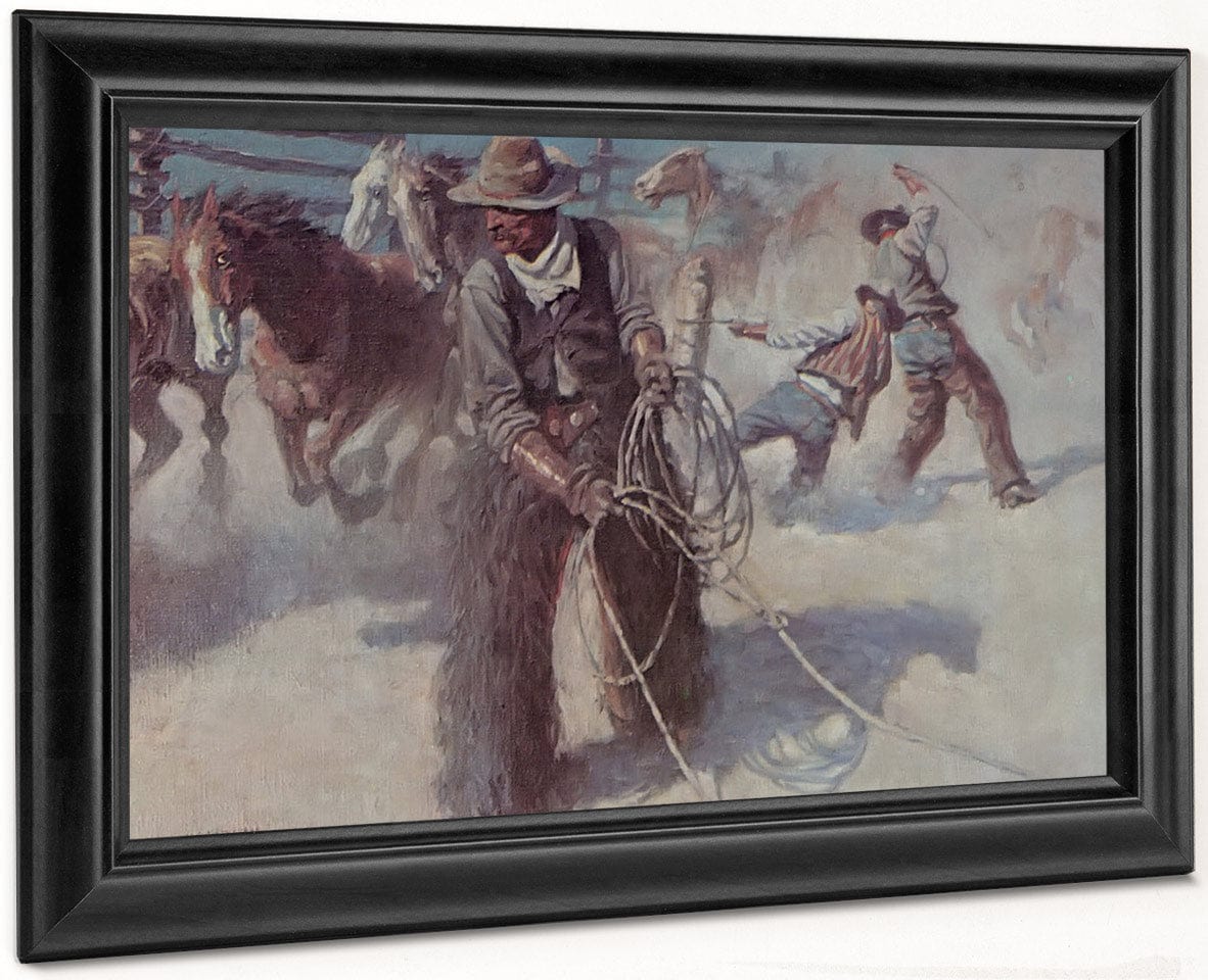 Roping Horses In The Corral By NC Wyeth Fine Art Print