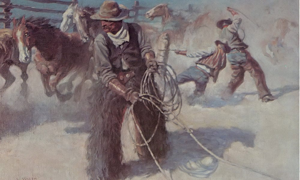 Roping Horses In The Corral By NC Wyeth Fine Art Print