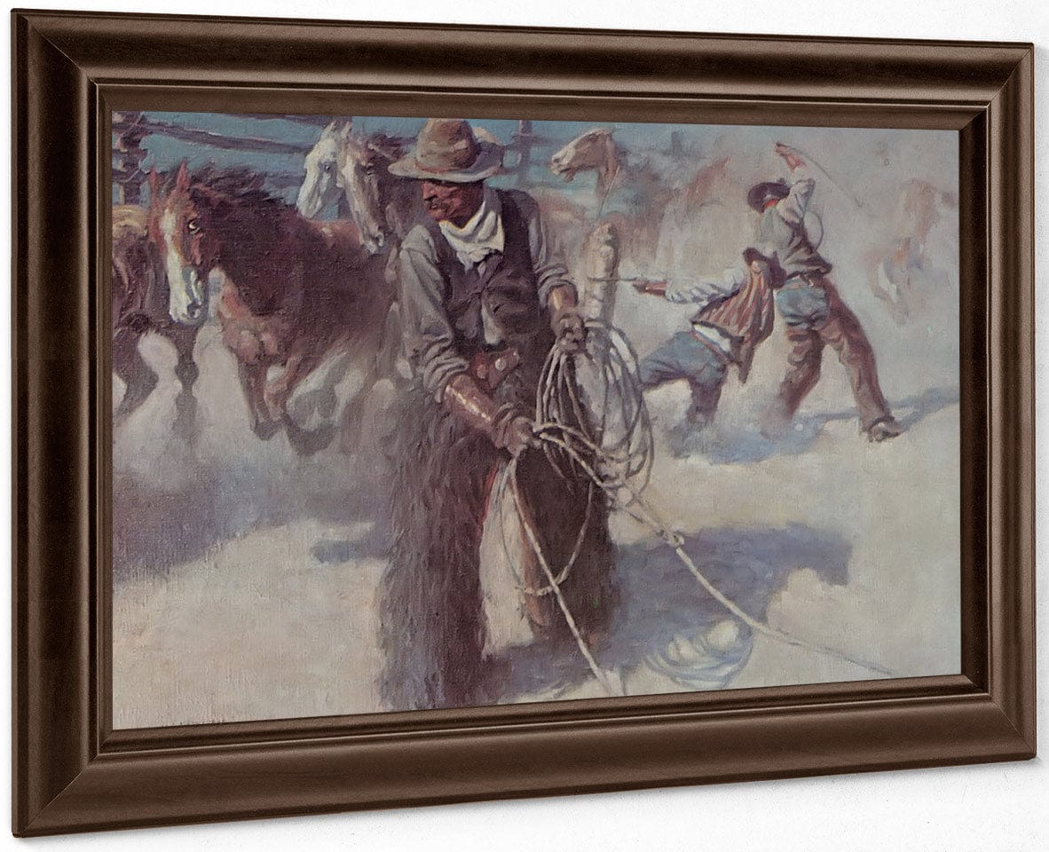 Roping Horses In The Corral By NC Wyeth Fine Art Print