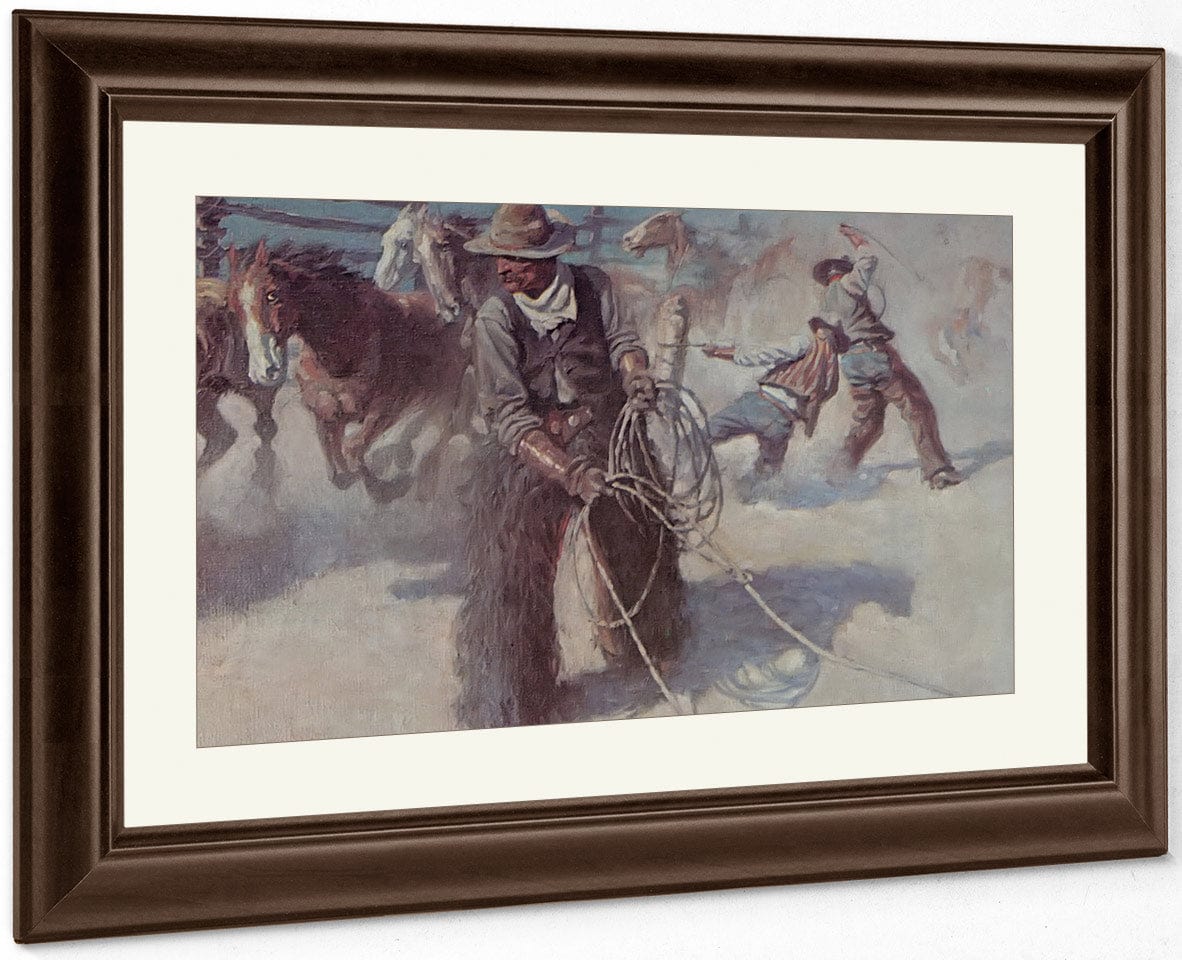 Roping Horses In The Corral By NC Wyeth Fine Art Print
