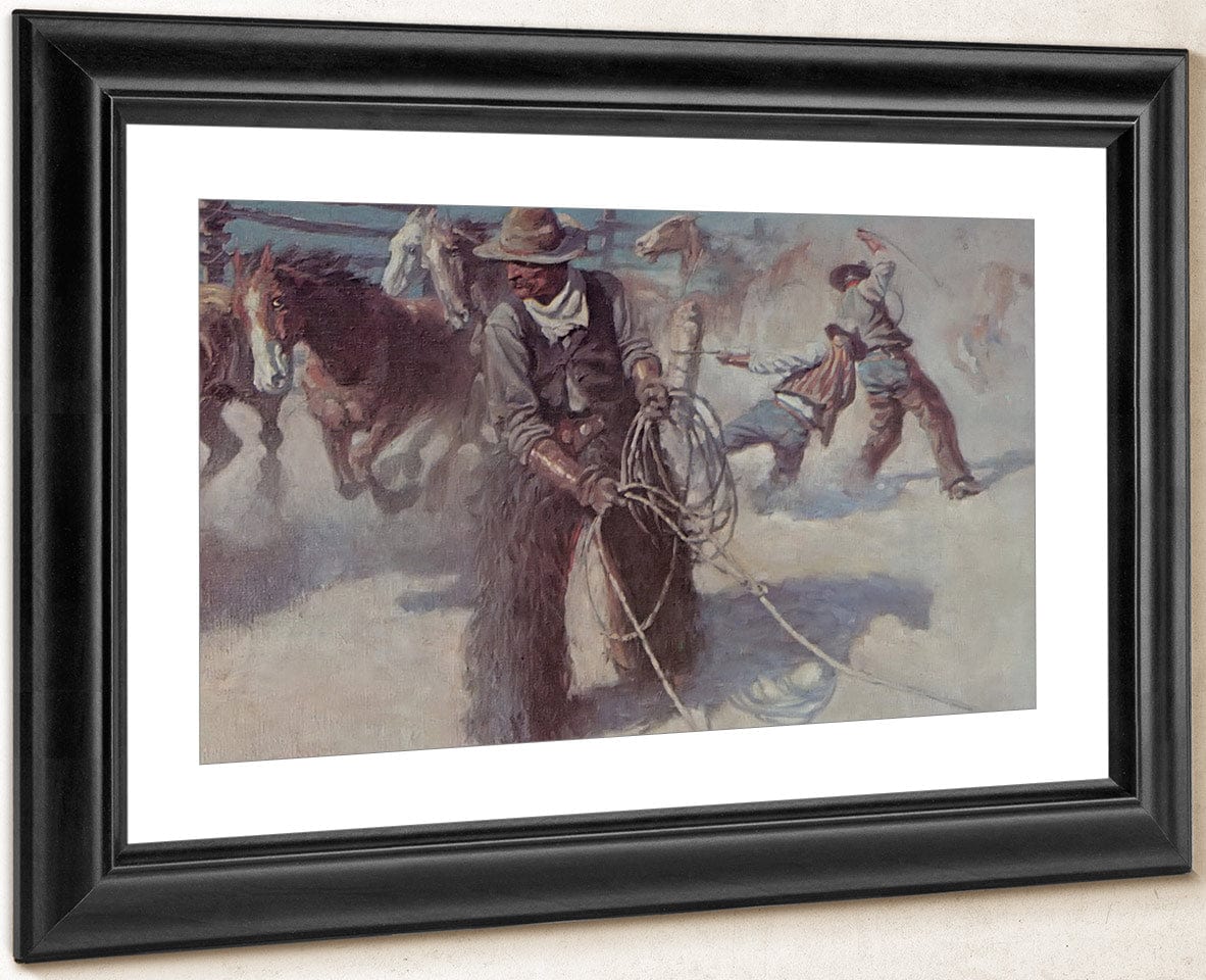 Roping Horses In The Corral By NC Wyeth Fine Art Print