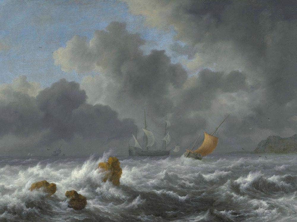 Sailing Vessels In A Stormy Sea Near A Rocky Coast By Jacob Van Ruisdael Fine Art Print