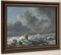 Sailing Vessels In A Stormy Sea Near A Rocky Coast By Jacob Van Ruisdael Fine Art Print
