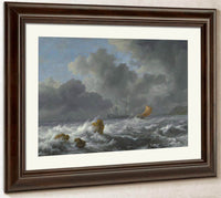 Sailing Vessels In A Stormy Sea Near A Rocky Coast By Jacob Van Ruisdael Fine Art Print