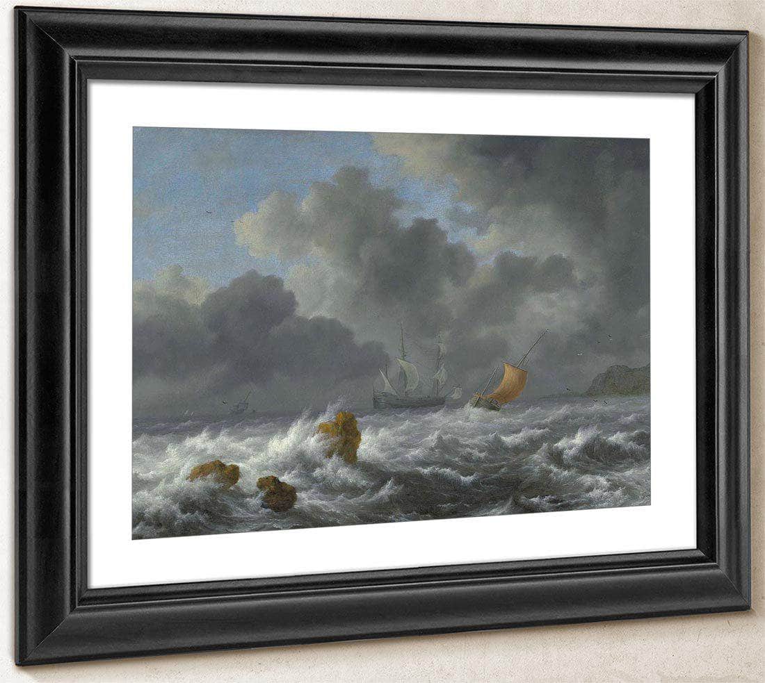 Sailing Vessels In A Stormy Sea Near A Rocky Coast By Jacob Van Ruisdael Fine Art Print