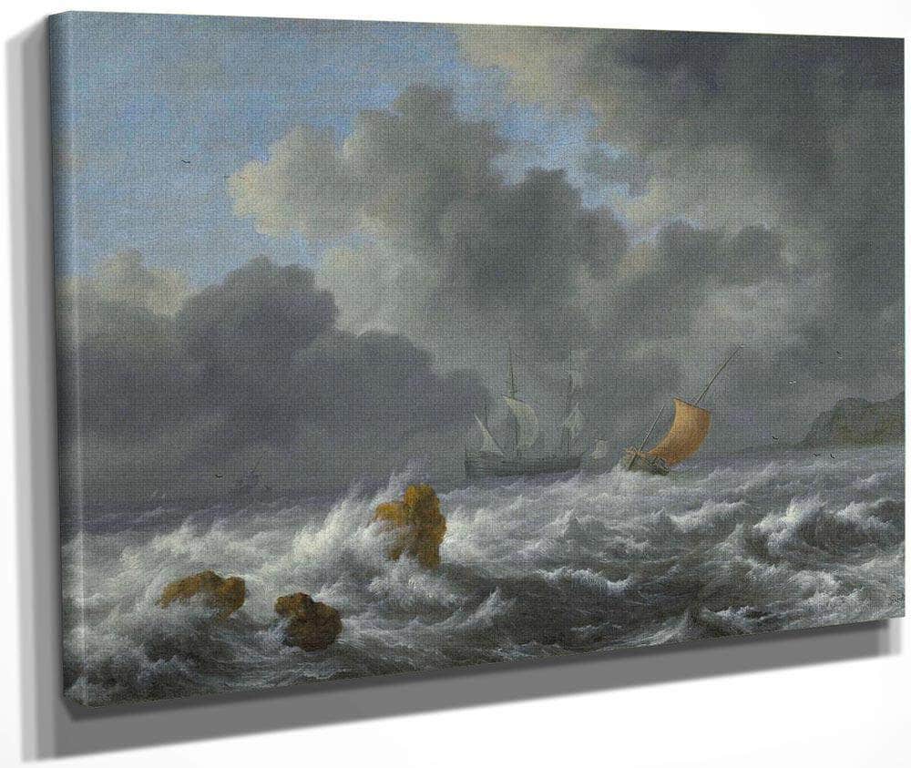 Sailing Vessels In A Stormy Sea Near A Rocky Coast By Jacob Van Ruisdael Fine Art Print