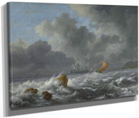 Sailing Vessels In A Stormy Sea Near A Rocky Coast By Jacob Van Ruisdael Fine Art Print
