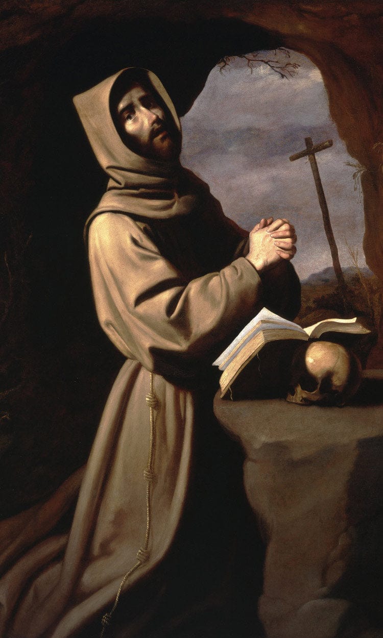Saint Francis In Prayer In A Grotto By Francisco De Zurbaran Fine Art Print