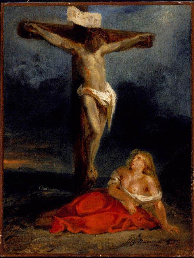 Saint Mary Magdalene At The Foot Of The Cross By Eugene Delacroix Fine Art Print