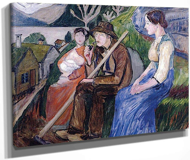 Self Portrait At Sandalstrand With Engel And Her Sister By Nicolai Astrup Fine Art Print