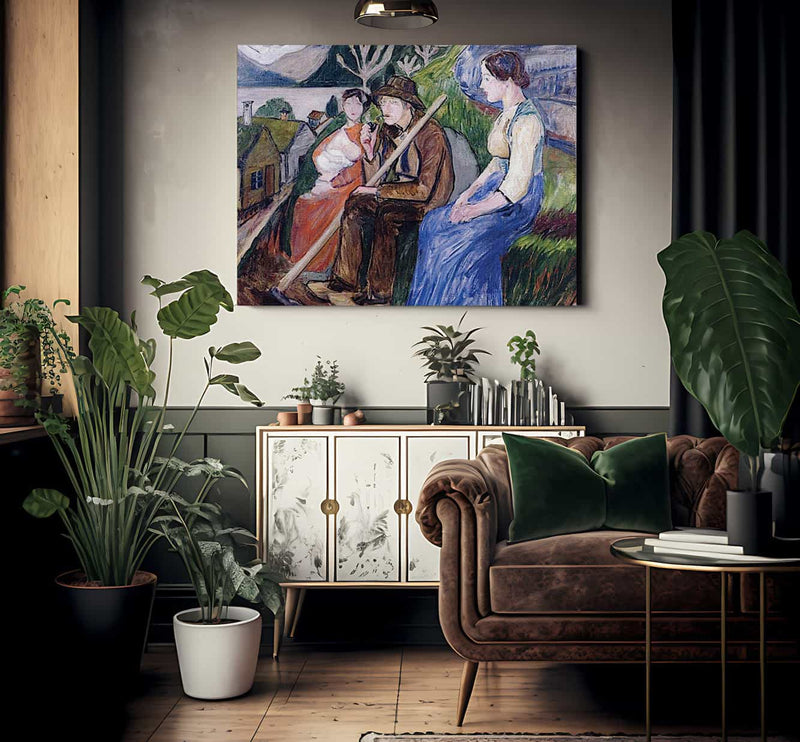 Self Portrait At Sandalstrand With Engel And Her Sister By Nicolai Astrup Fine Art Print