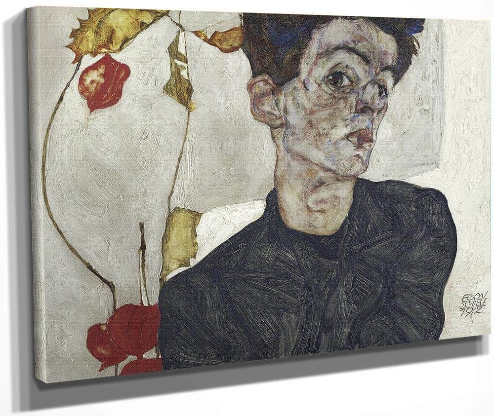 Self Portrait With Chinese Lantern Plant By Egon Schiele Fine Art Print