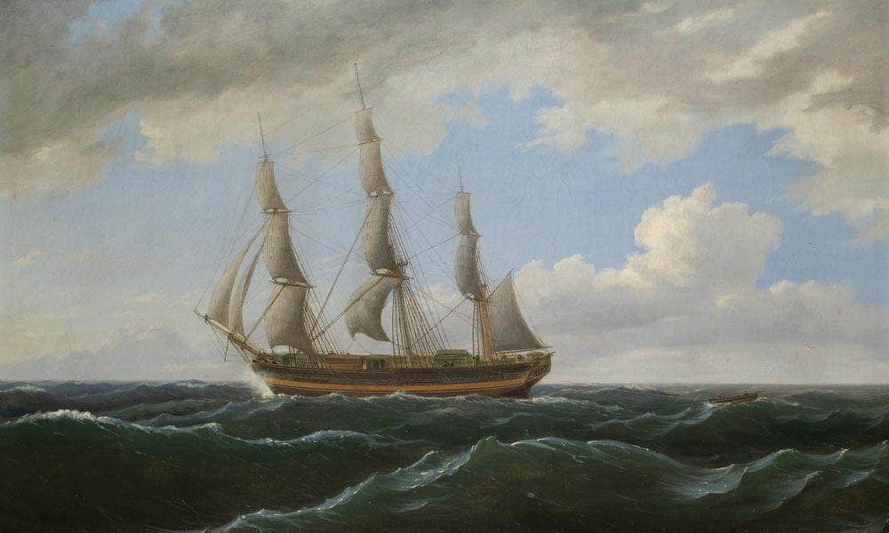 Ship Towing A Small Boat Astern By Birch Thomas Fine Art Print