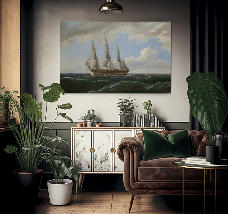 Ship Towing A Small Boat Astern By Birch Thomas Fine Art Print