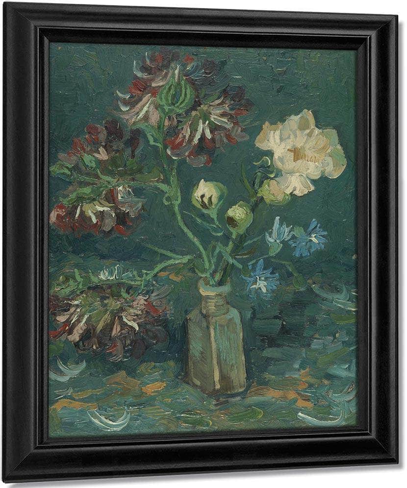 Small Bottle With Peonies And Blue Delphiniums By Vincent Van Gogh Fine Art Print
