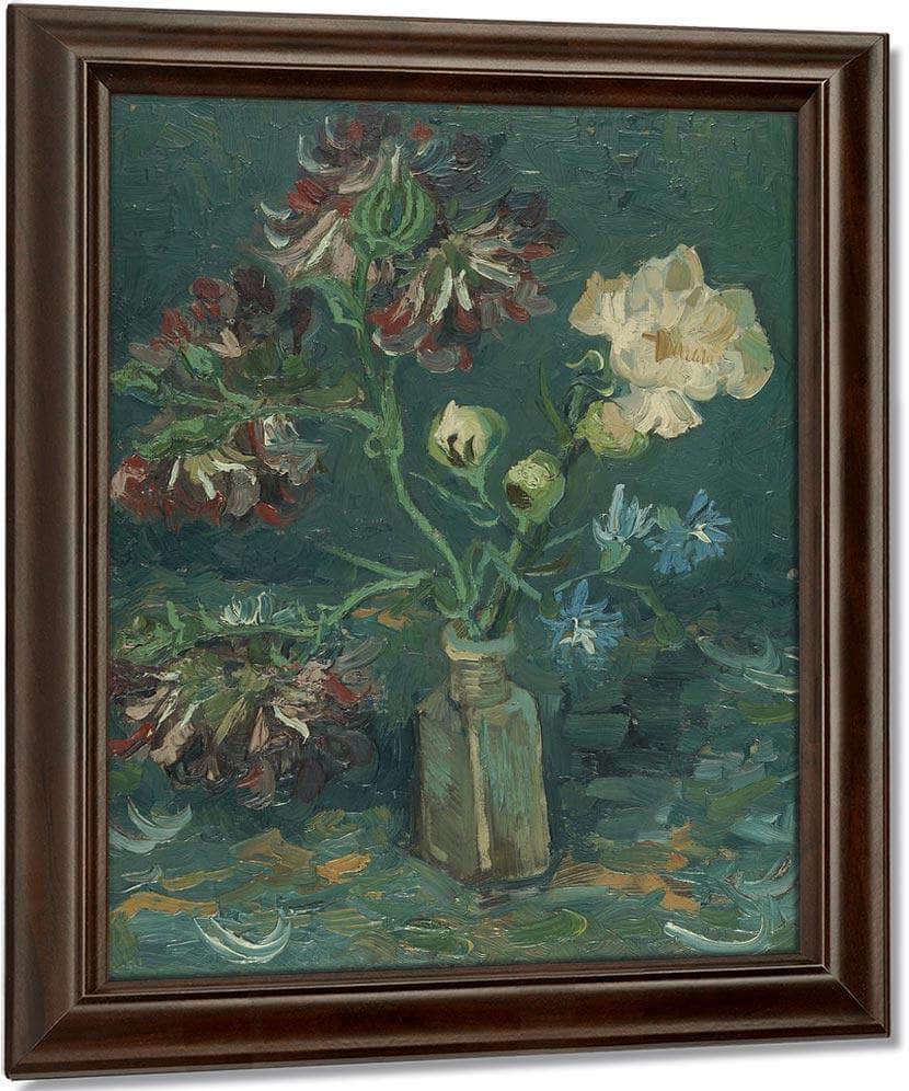 Small Bottle With Peonies And Blue Delphiniums By Vincent Van Gogh Fine Art Print