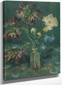Small Bottle With Peonies And Blue Delphiniums By Vincent Van Gogh Fine Art Print