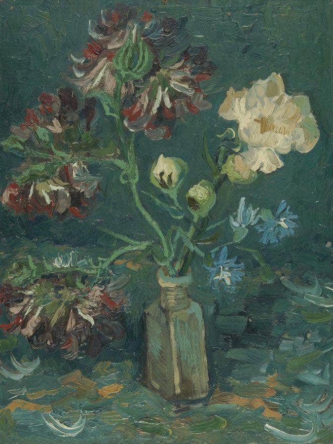 Small Bottle With Peonies And Blue Delphiniums By Vincent Van Gogh Fine Art Print
