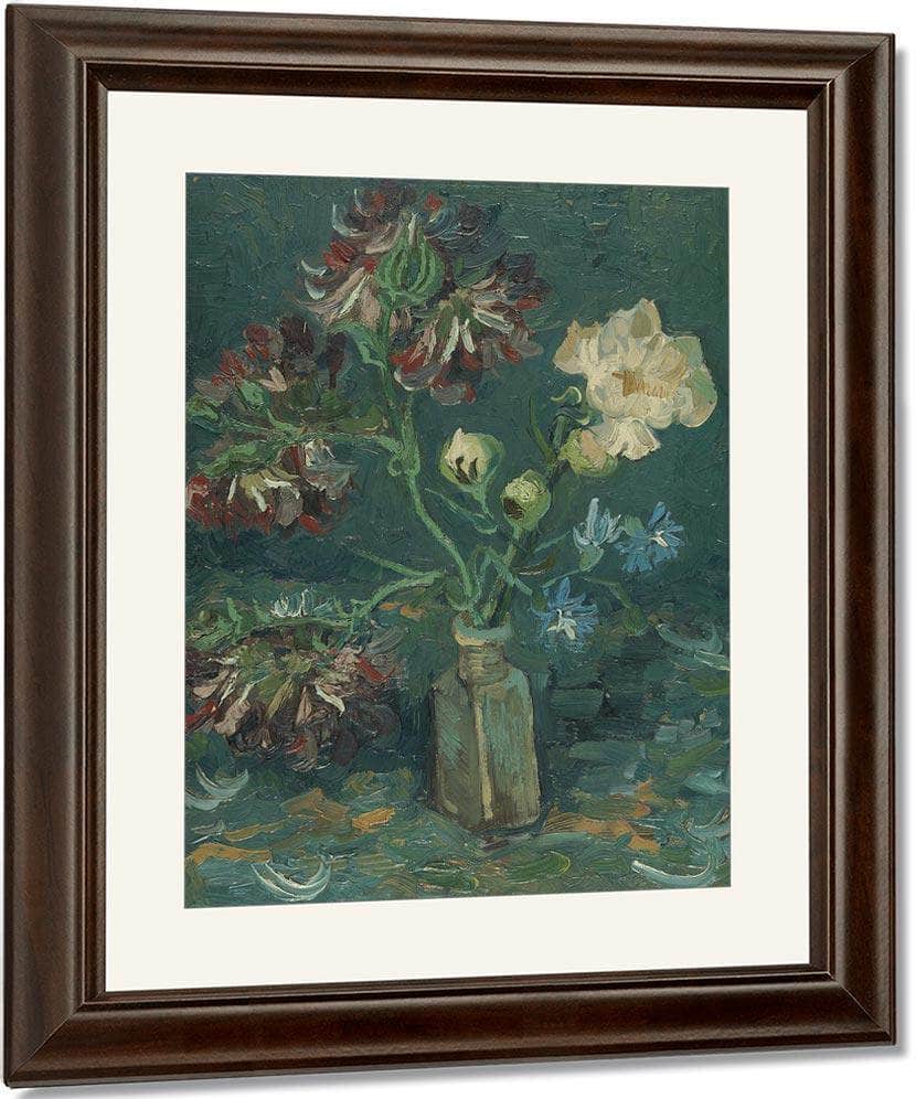 Small Bottle With Peonies And Blue Delphiniums By Vincent Van Gogh Fine Art Print