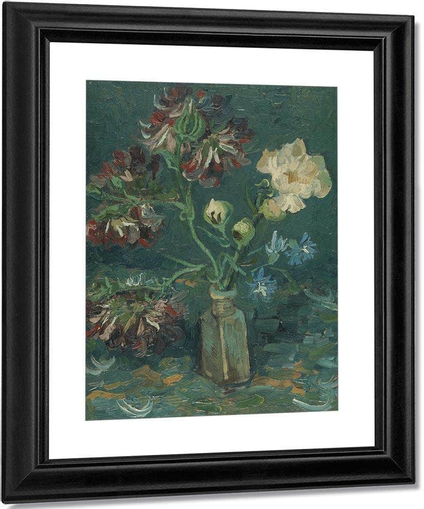 Small Bottle With Peonies And Blue Delphiniums By Vincent Van Gogh Fine Art Print