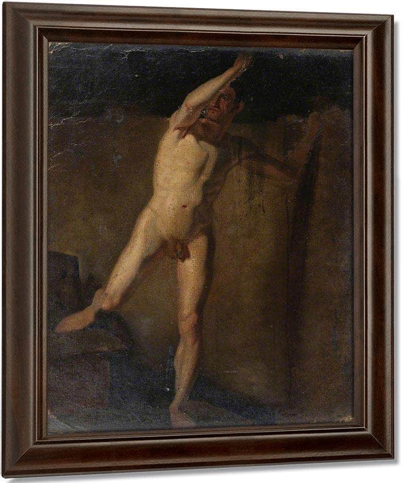 Standing Male Nude, Raised Right Arm, Right Foot Resting On Blocks By William Etty Fine Art Print