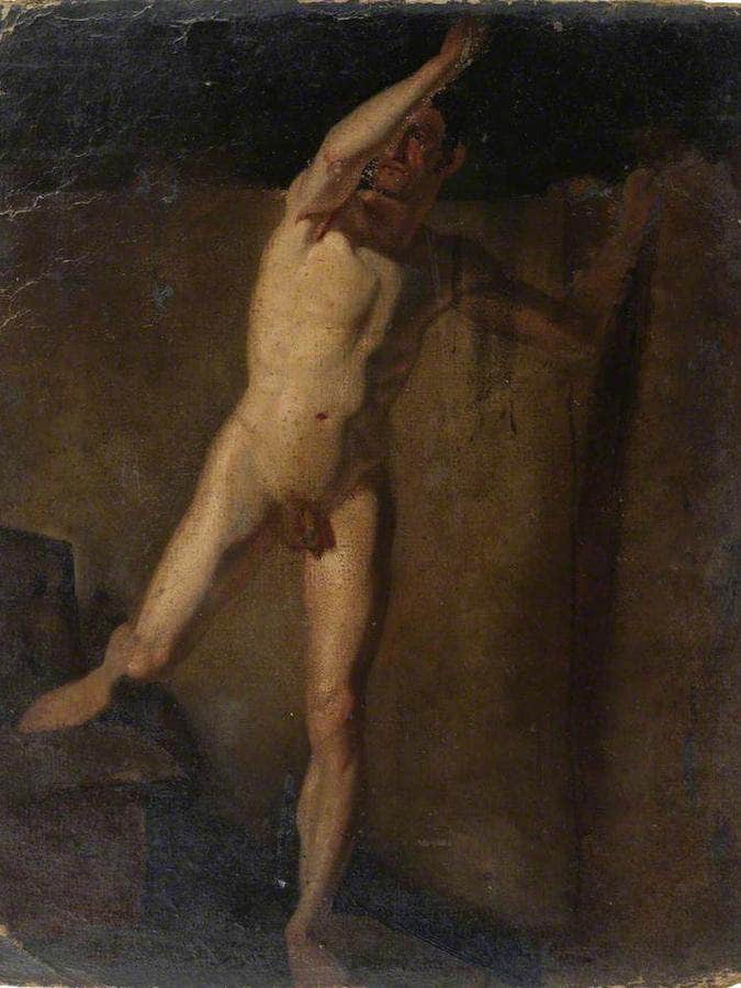 Standing Male Nude, Raised Right Arm, Right Foot Resting On Blocks By William Etty Fine Art Print